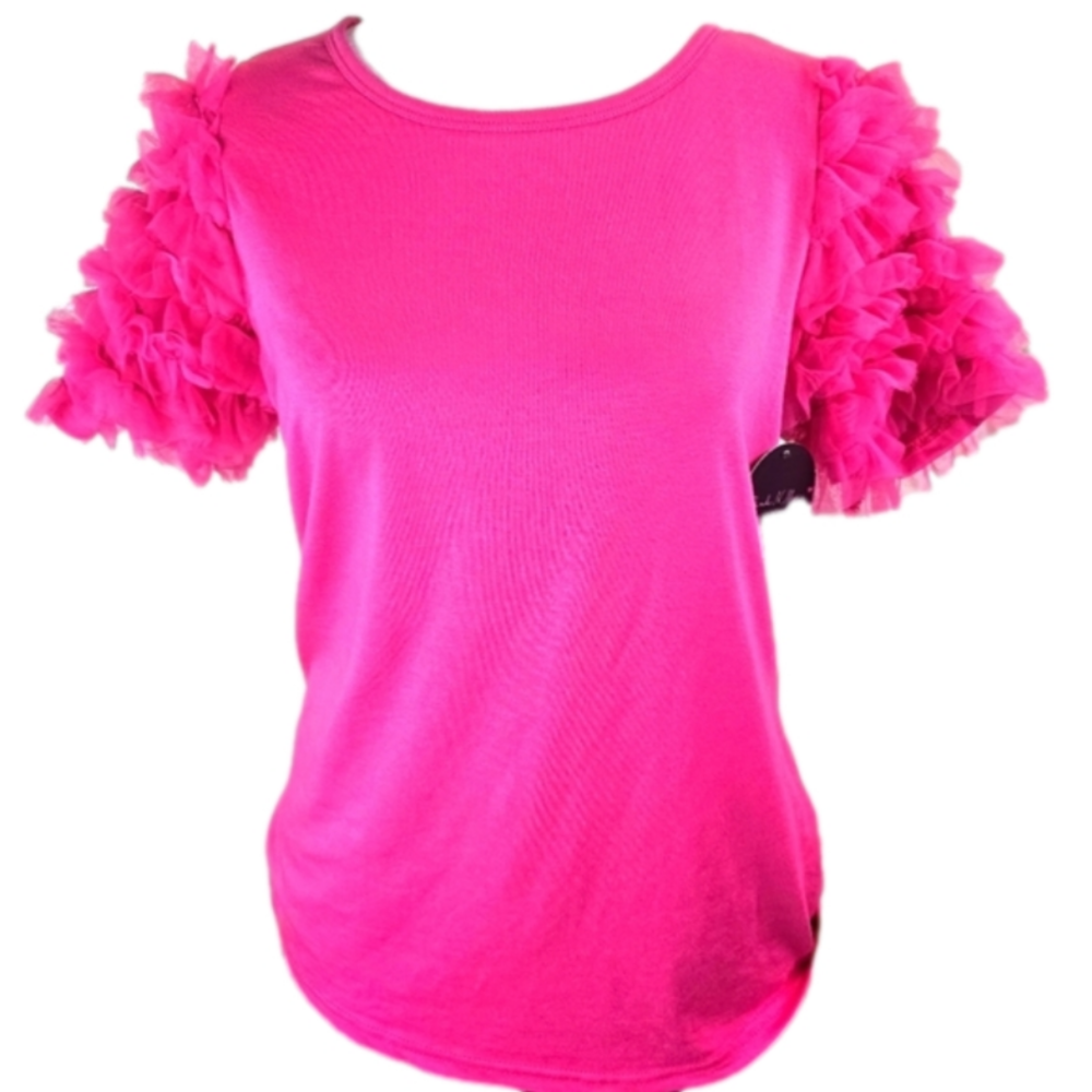 Hot Pink Ruffle Sleeve Tee – Statement Shoulder Top‎ (S, M, L) - Picture 2 of 4